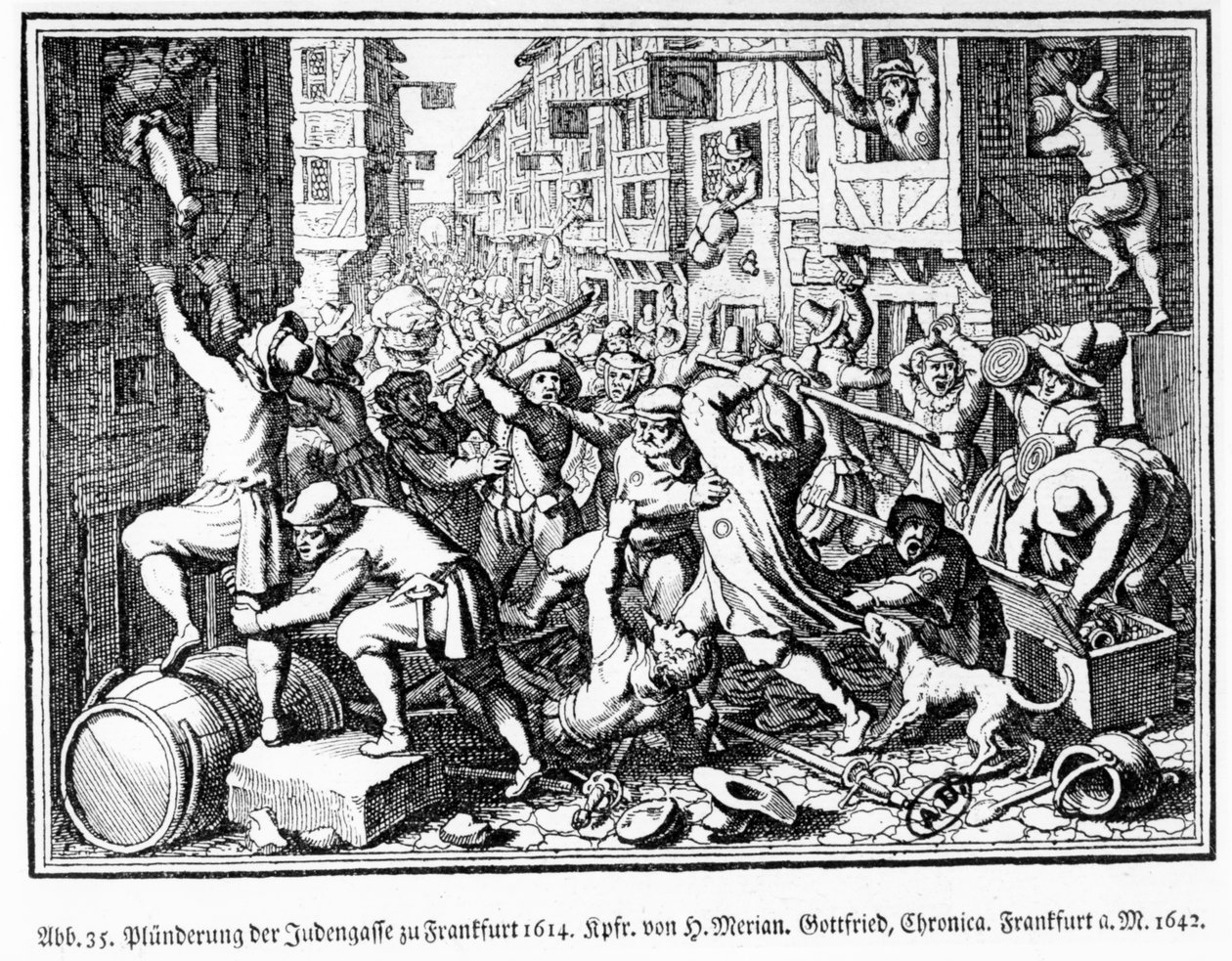 Plyndre den jødiske smug under Fettmilch-opptøyene i Frankfurt 22. august av Matthaus the Elder (after) Merian