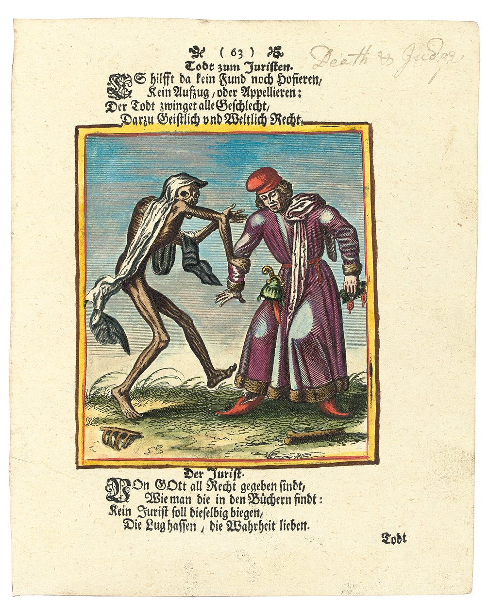 Døden og advokaten, ca. 1700-1725 (håndfarget gravering) av Matthaus the Elder Merian