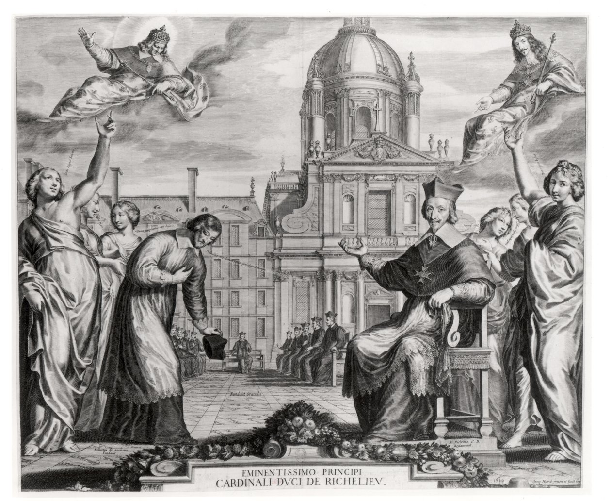 Robert de Sorbon (1201-94) og kardinal Richelieu (1575-1642) foran Sorbonne, gravert av Gregoire Huret (1606-70) 1639 av Matthaus the Elder Merian