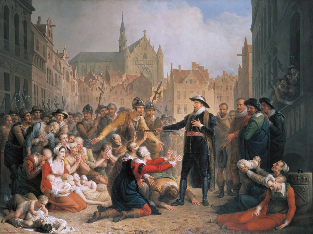 Burgmester van der Werf tilbyr sverdet sitt til befolkningen i Leiden av Mattheus Ignatius van Bree