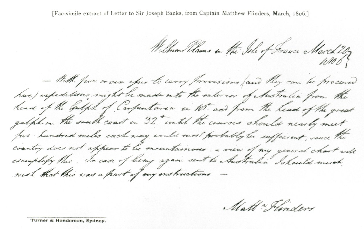 Faksimilekopi av et brev til Sir Joseph Banks fra kaptein Matthew Flinders, datert mars 1806, fra The History of Australian Exploration fra 1788-1888, 1888 (faksimile) (bw-foto) av Matthew Flinders