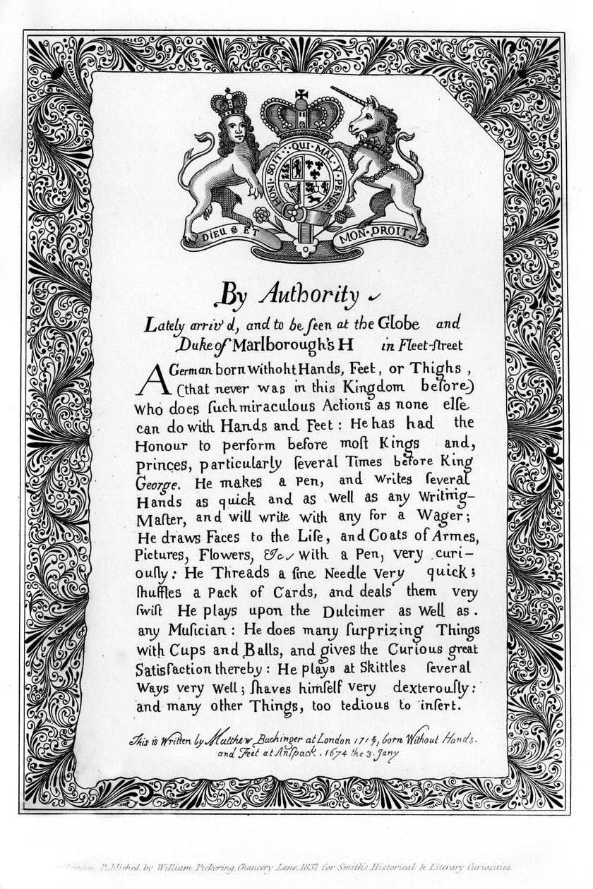 Kalligrafisk utstillingsregning av Matthew Buchinger, dverg av Nurnburg, 1717, 1840 av Matthew Buchinger