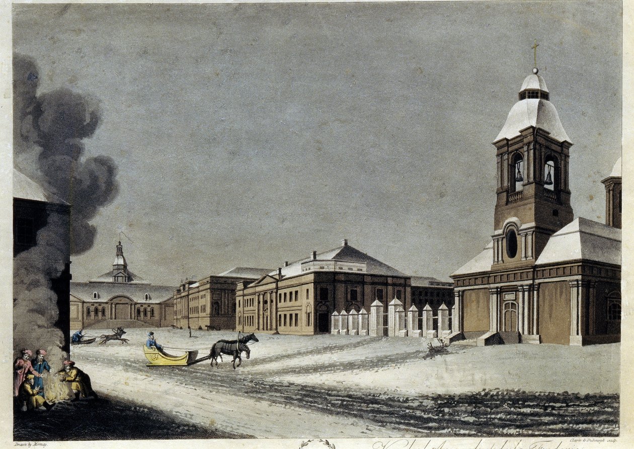 Arsenalet og kanonstøperiet i St. Petersburg. (Arsenalet og kanonstøperiet i Petersburg). Beskrivelse av bygninger midt på vinteren, med sleder som glir på snøen og en gruppe individer som varmer seg rundt et bål. Arbeid av Matthew Dubourg