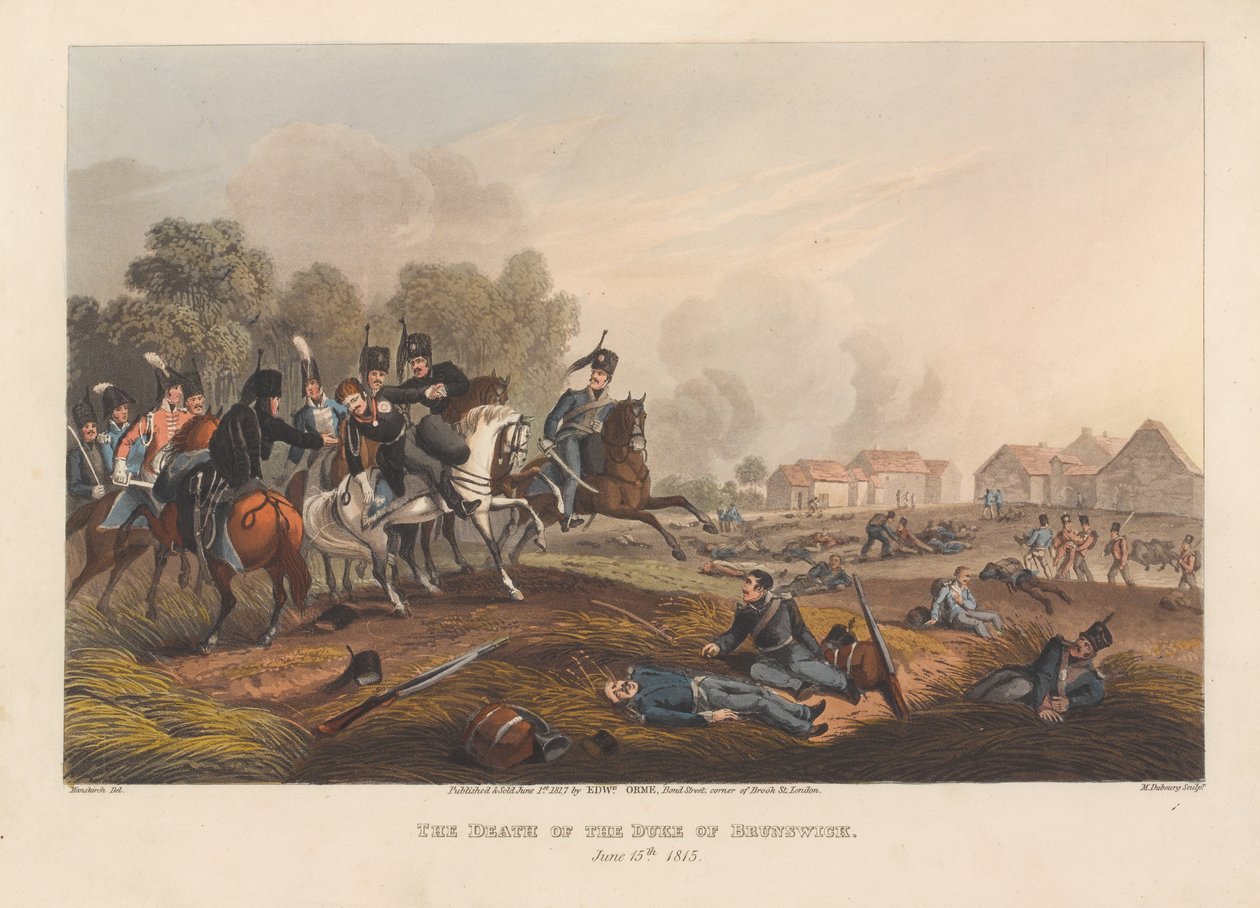 'The Death of the Duke of Brunswick, 15. juni [sic] 1815'. (skrive ut) av Matthew Dubourg