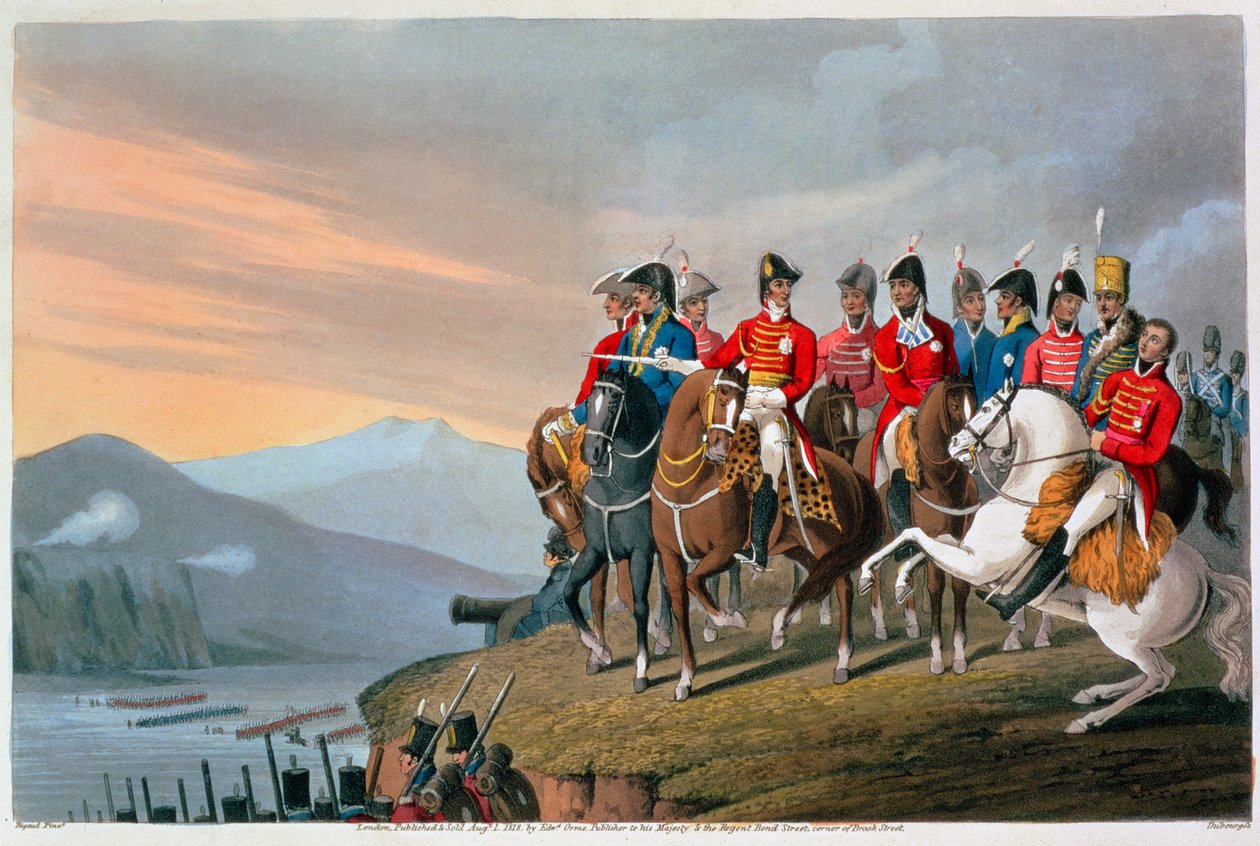 'Hertugen av Wellington og hans stab krysser Bidassoa og går inn i Frankrike', 1813 1816 av Matthew Dubourg