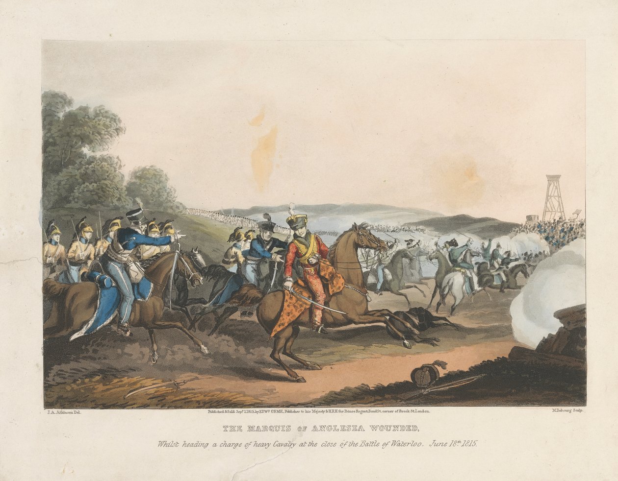Markisen av Anglesea ble såret mens han ledet en ansats for tungt kavaleri ved slutten av slaget ved Waterloo, 18. juni 1815 av Matthew Dubourg