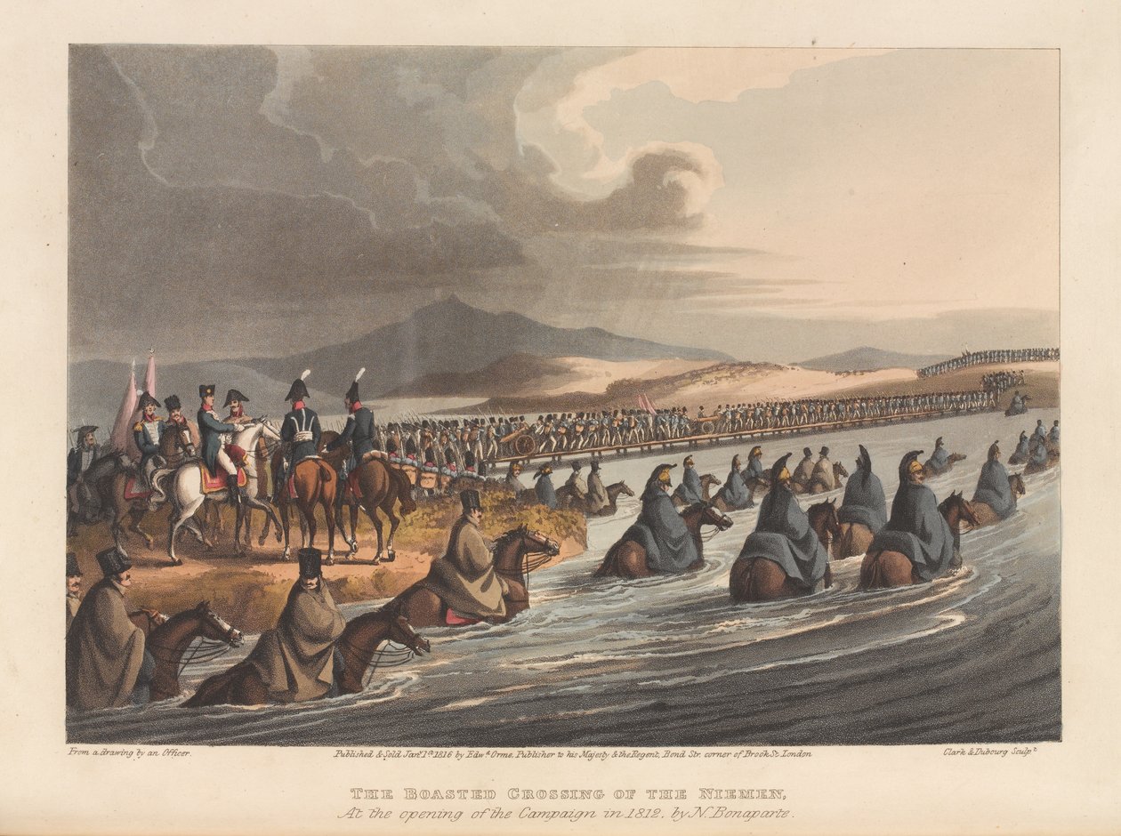 Krysset av Niemen ved åpningen av kampanjen i 1812 (trykk) av Matthew Dubourg