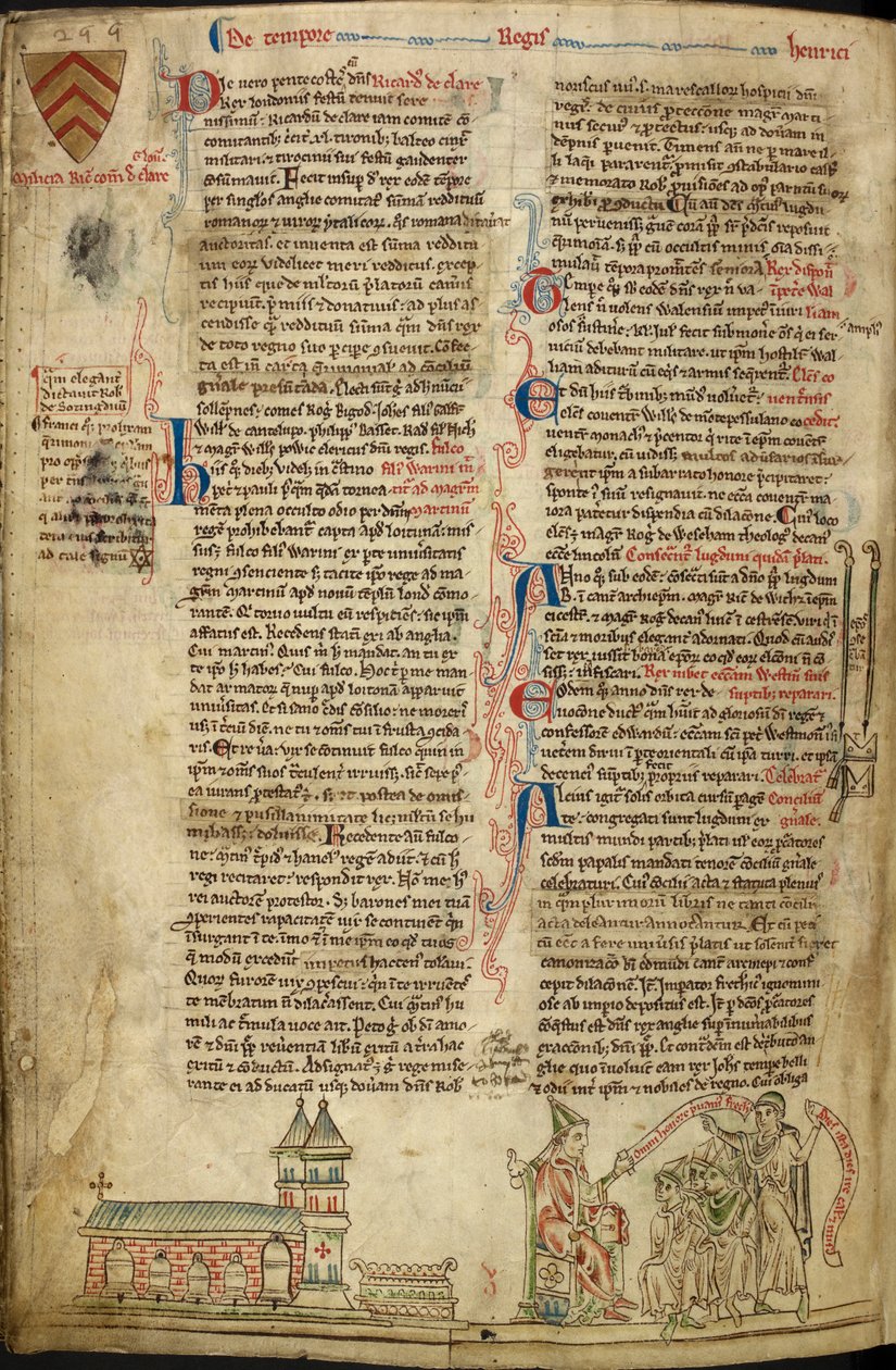 Royal 14C VII, f.138v Westminster Abbey and the Shrine of St. Edward; til høyre, pave Innocent IV ved konsilet i Lyon, illustrasjon fra 