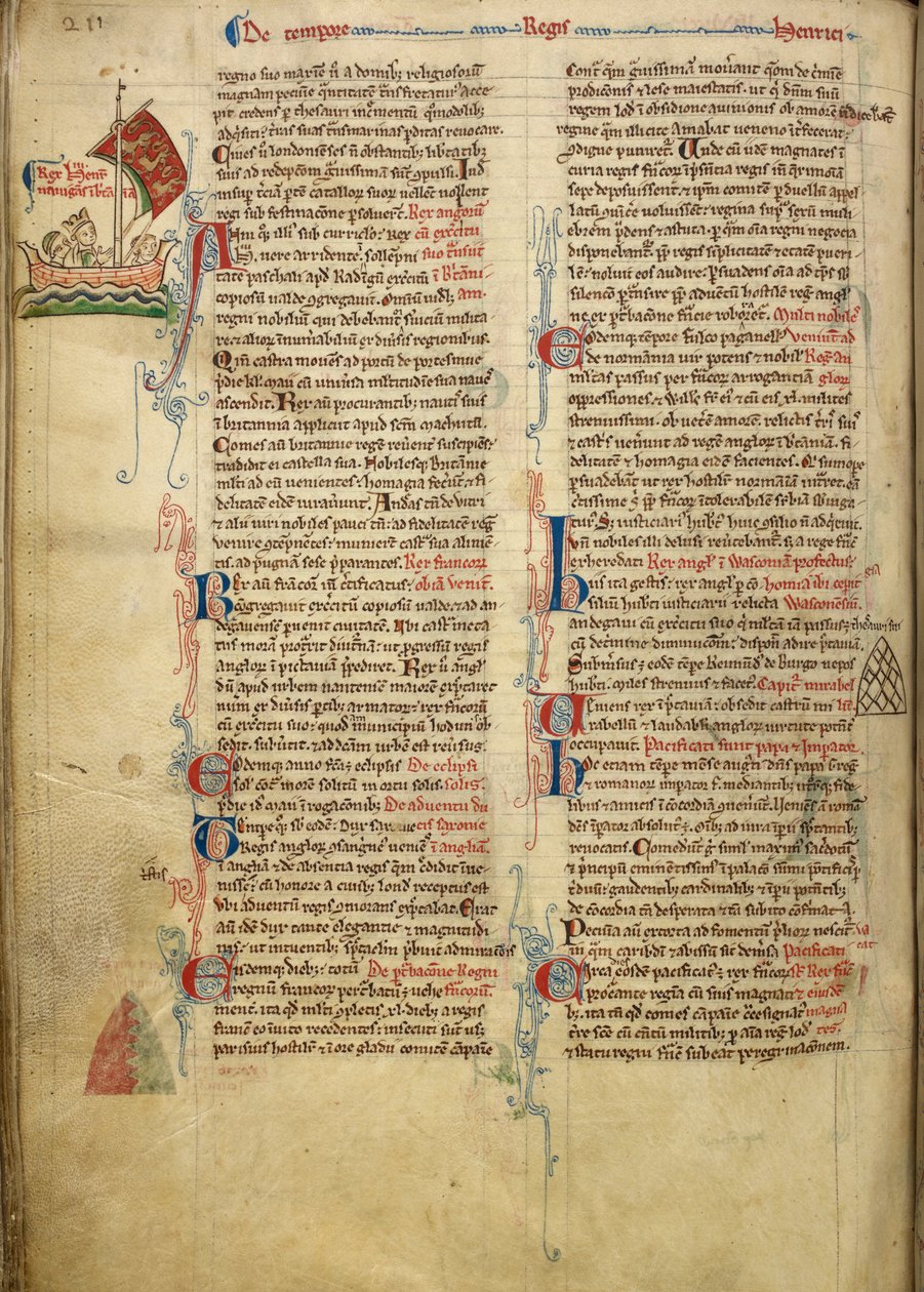 Royal 14 C. VII, f.116v Marginaltegning av kong Henrik III som seiler over Den engelske kanal til Bretagne, med en del av den tilhørende teksten i forfatterens egen hånd, illustrasjon fra 