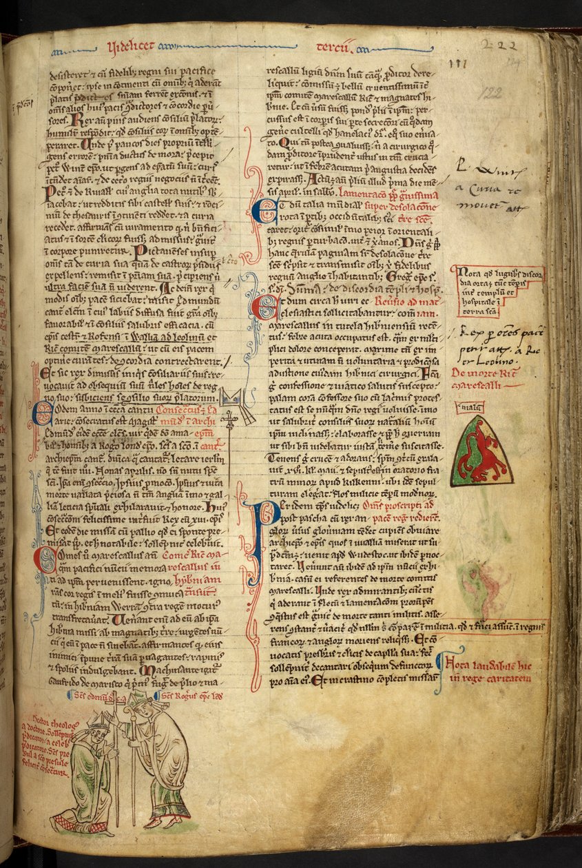 Royal 14 C. VII f.122r Roger Nigel, biskop av London, innviet Edmund av Abington som erkebiskop av Canterbury; av Matthew Paris