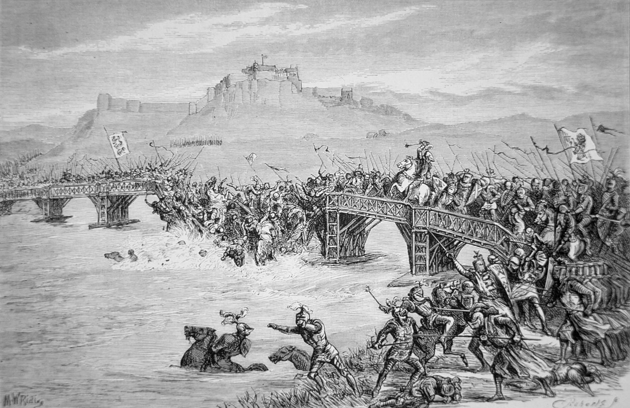 Sammenbruddet av broen under slaget ved Stirling Bridge, i 1297, gravert av Roberts (litho) av Matthew White (after) Ridley
