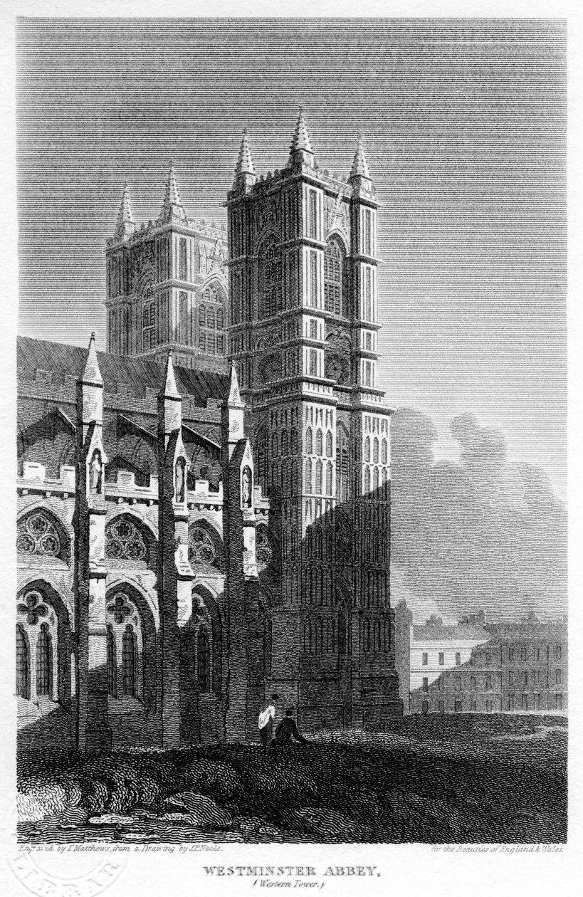 Vestlige tårn, Westminster Abbey, London, 1815. av Matthews