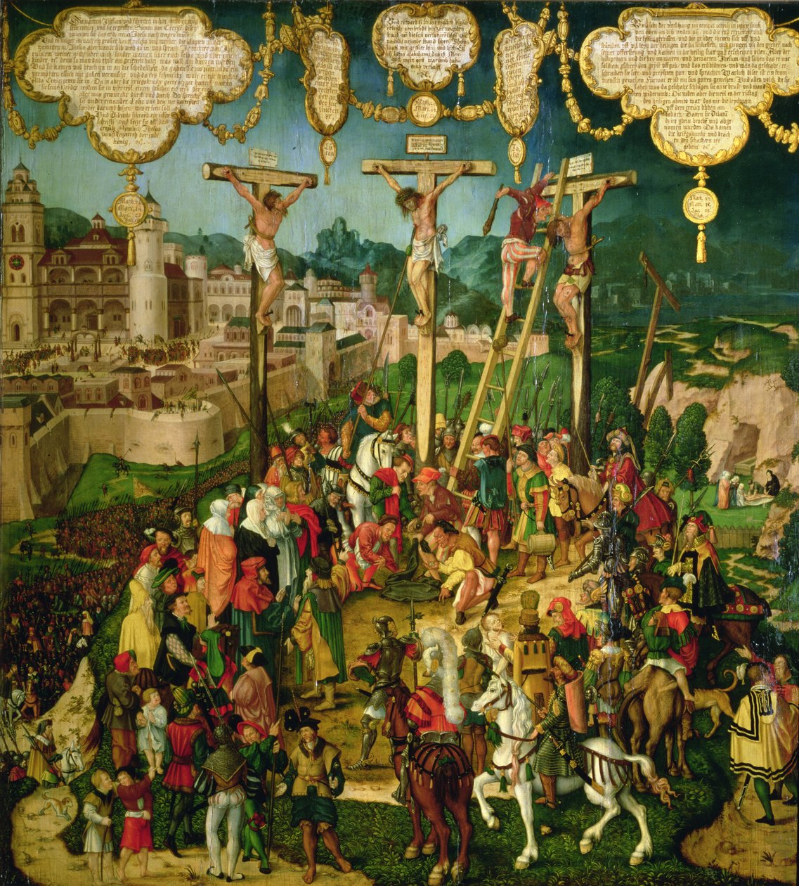 Korsfestelse, sentralpanel på Mompelgarter-altertavlen (panel) av Matthias Gerung or Gerou
