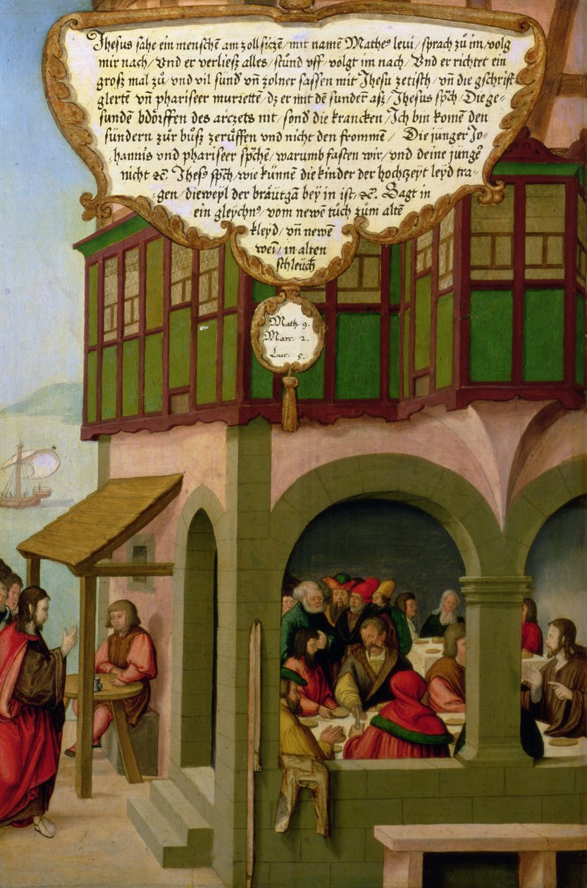 Jesus spiser med skattebetalerne og synderne (Matteus 9, Markus 2, Lukas 5) delen av vingepanelet fra Mompelgarter-altertavlen (panel) (se også 72465-79) av Matthias Gerung or Gerou