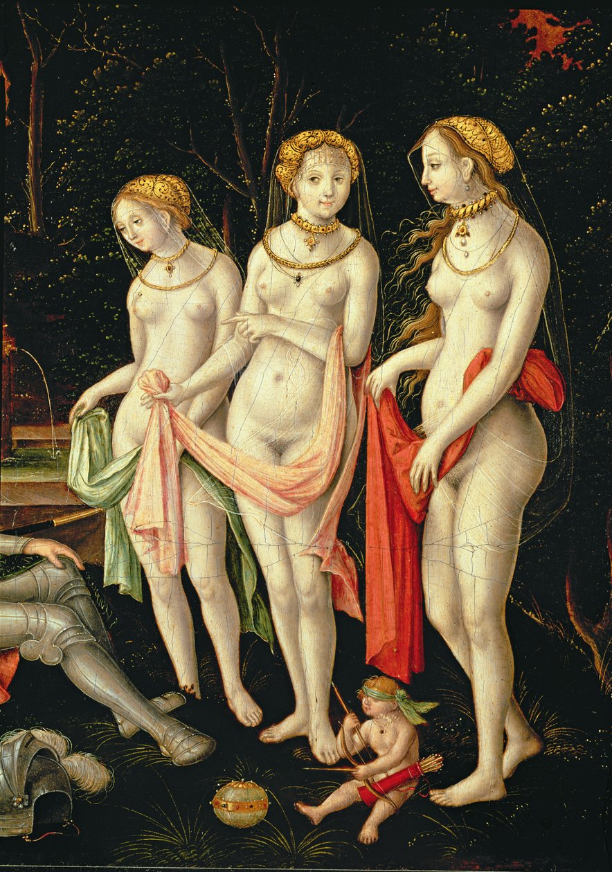 Ødeleggelsen av Troja og dommen over Paris, detalj som viser Artemis, Hera og Afrodite, 1540 av Matthias Gerung or Gerou