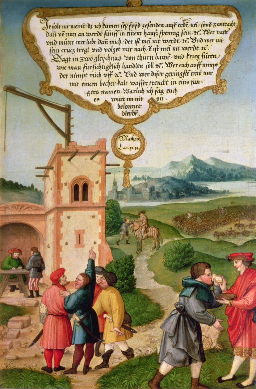 'Den som gir en av disse små til og med et beger kaldt vann fordi han er en disippel, jeg sier dere, han skal ikke miste sin lønn' (Matt 10, Luk 12 v.14), illustrasjon av Kristi lære, fra av Matthias Gerung or Gerou