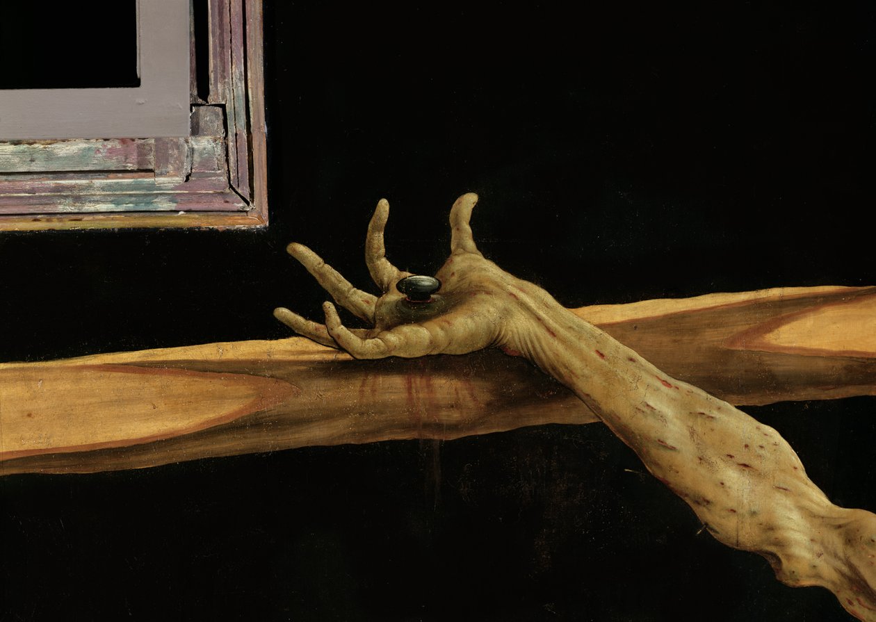 Korsfestelse fra Isenheim-altertavlen, detalj av Kristi høyre hånd, ca. 1512-16 olje på panel av Matthias Grünewald