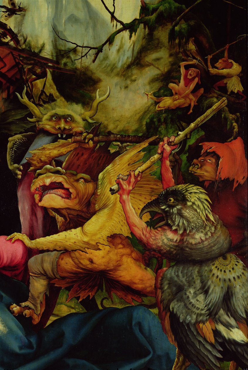 Demoner bevæpnet med pinner fra Isenheim-altertavlen, ca, 1512-16 (se også 62331) av Matthias Grünewald
