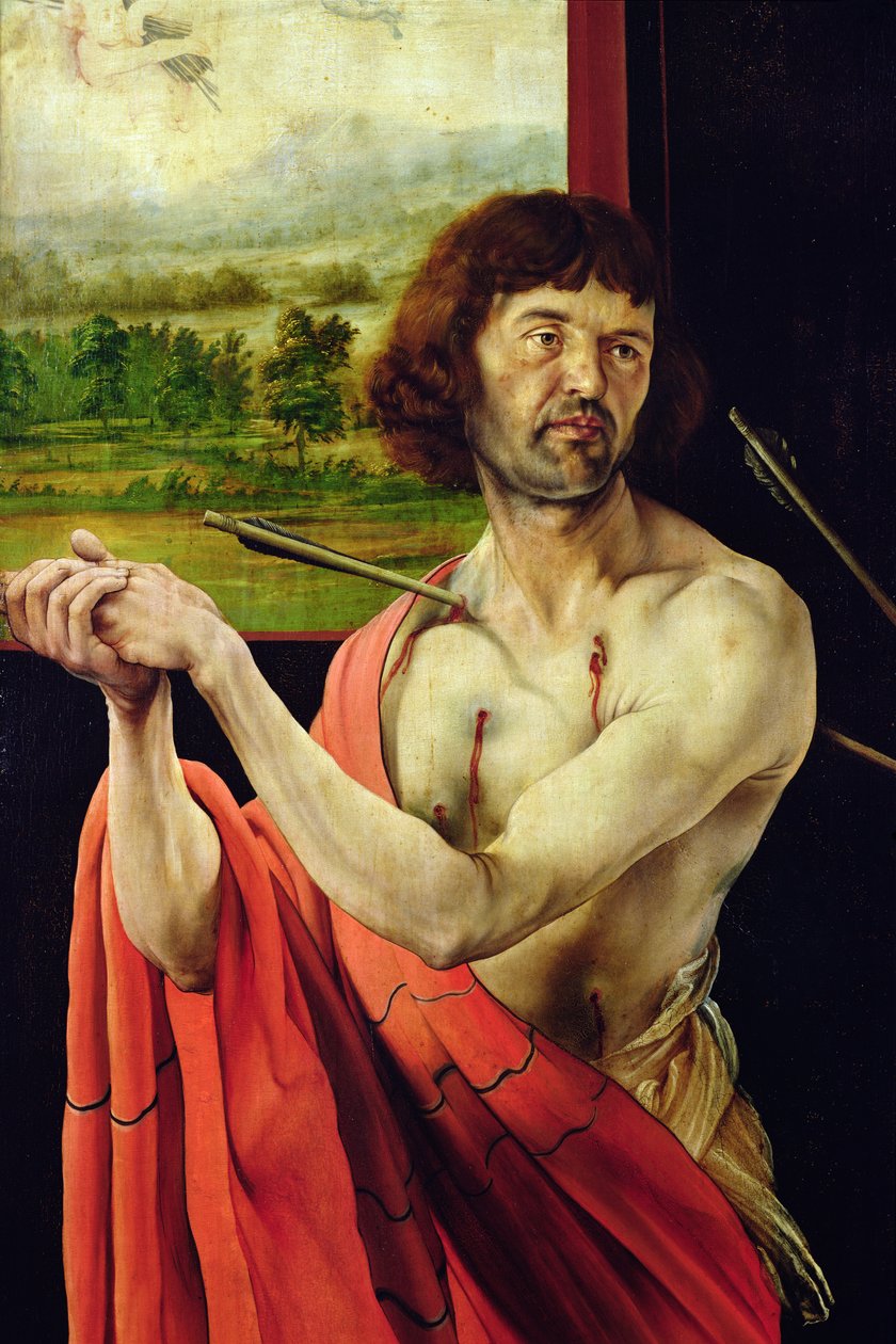 Detalj av Saint Sebastien og landskap fra Isenheim altertavle, indre fløy, ca. 1512-16, olje på panel av Matthias Grünewald