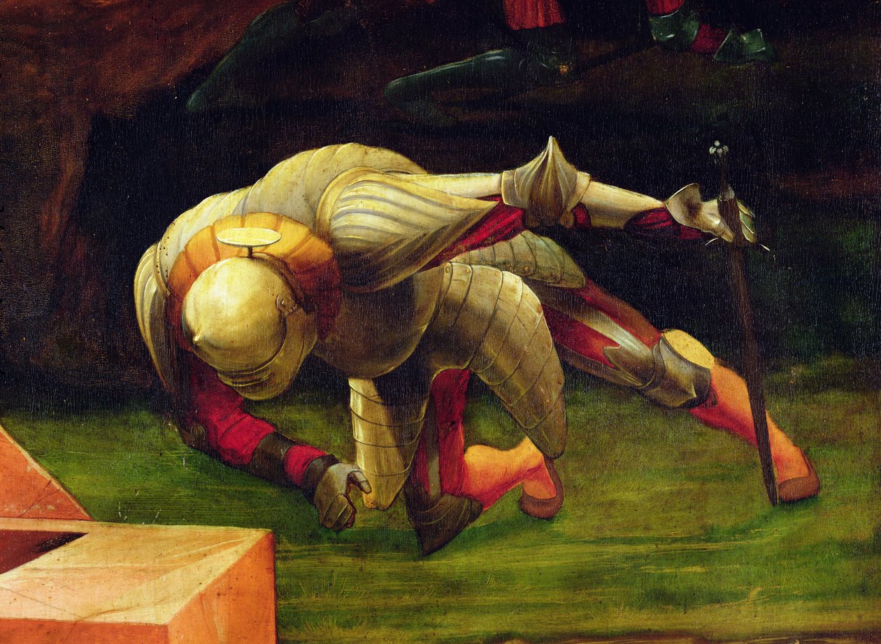 Detalj av en fallende soldat fra scenen for Kristi oppstandelse fra Isenheim-altertavlen, ca. 1512-16, olje på panel av Matthias Grünewald