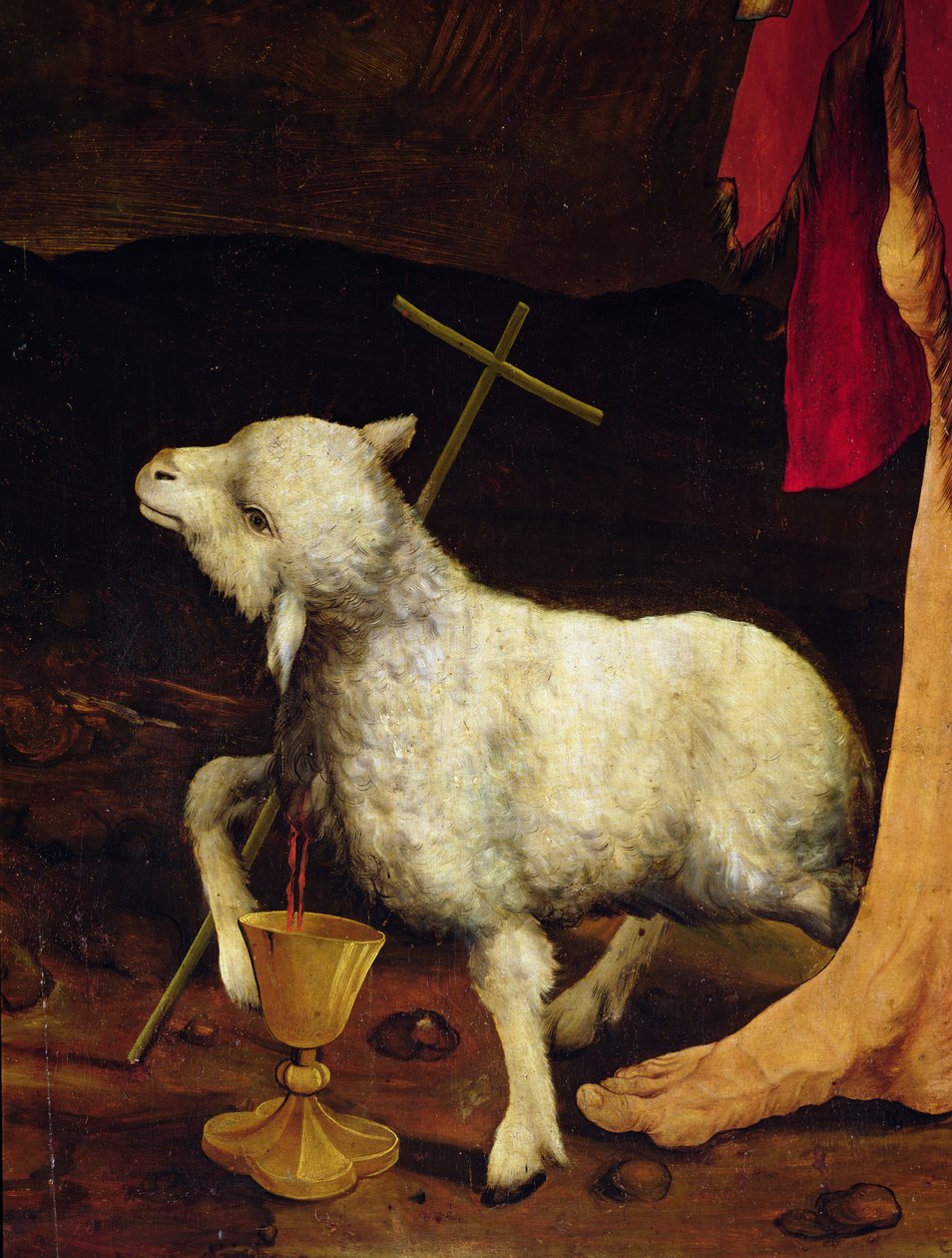 Detalj av korsfestelsen fra Isenheim altertavle detalj av et lam, ca. 1512-16, olje på panel av Matthias Grünewald