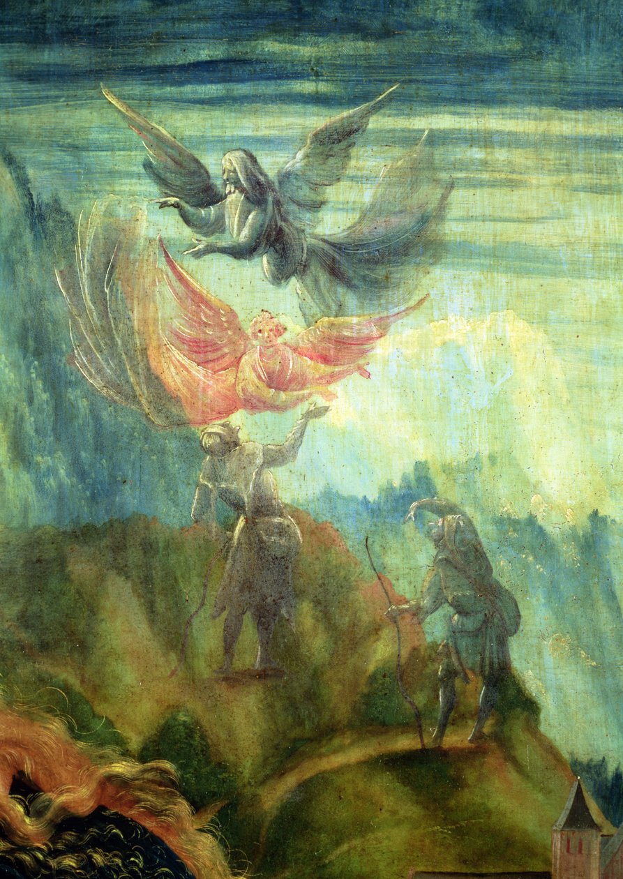Detalj av fødselsscenen fra Isenheim-altertavlen kunngjøringen til hyrdene, ca. 1512-16, olje på panel av Matthias Grünewald