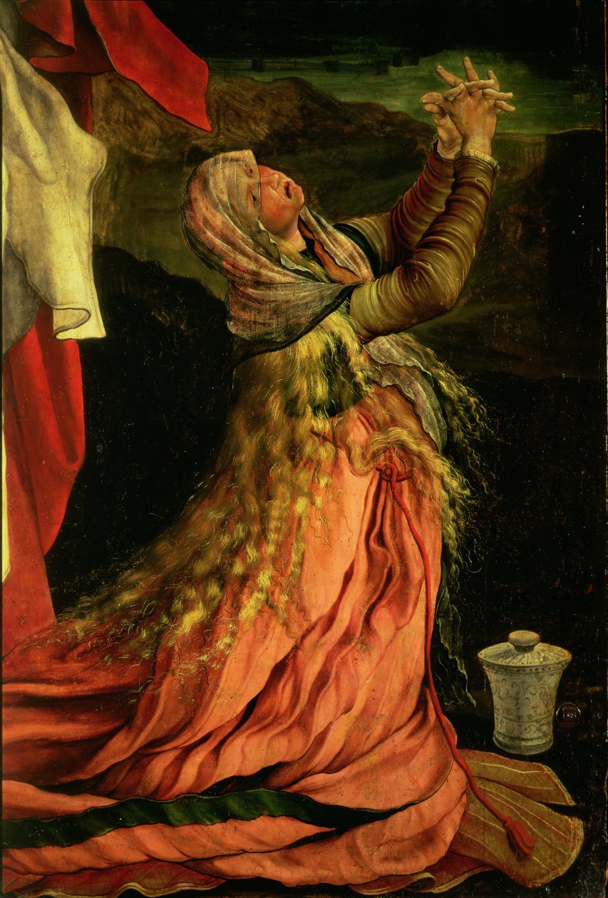 Maria Magdalena, detalj fra korsfestelsen fra Isenheim-altertavlen, ca. 1512-16 av Matthias Grünewald