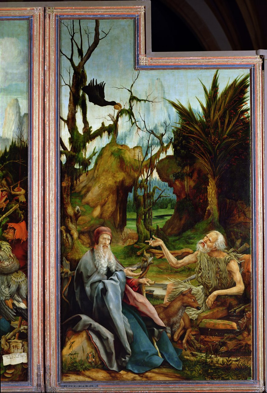 St. Anthony og St. Paul, detalj fra Isenheim-altertavlen, ca. 1512-16 av Matthias Grünewald