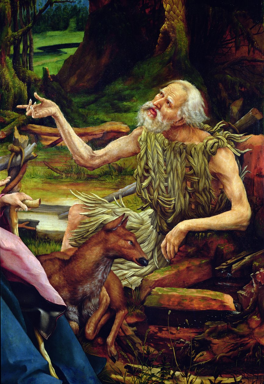 Besøket av Saint Anthony til Saint Paul eremitten. Detalj av besøket av Saint Anthony til Saint Paul fra Isenheim altertavle, ca. 1512-16 olje på tre av Matthias Grünewald