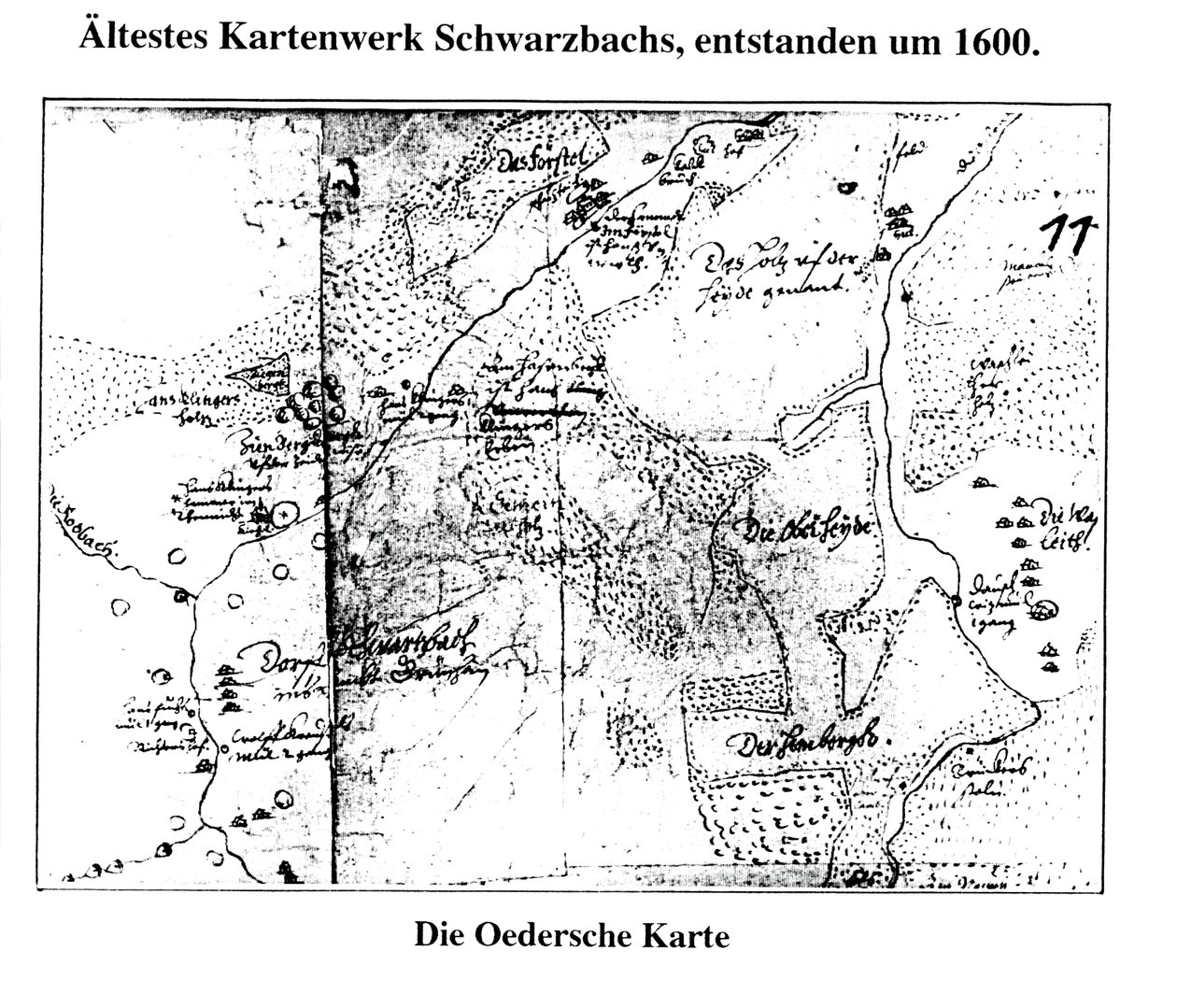 rundt 1600, første kartlegging av Schwarzbach / Erzgeb av Matthias Oeder