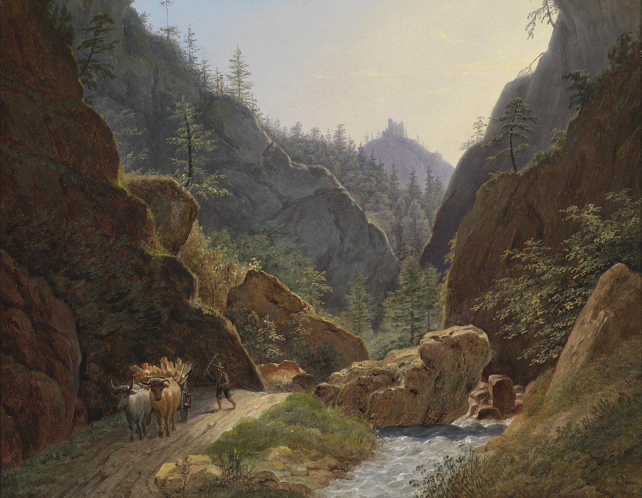 Bonde med et team med okser nær Schottwien med utsikt over Klamm -ruinene av Matthias Rudolf Toma
