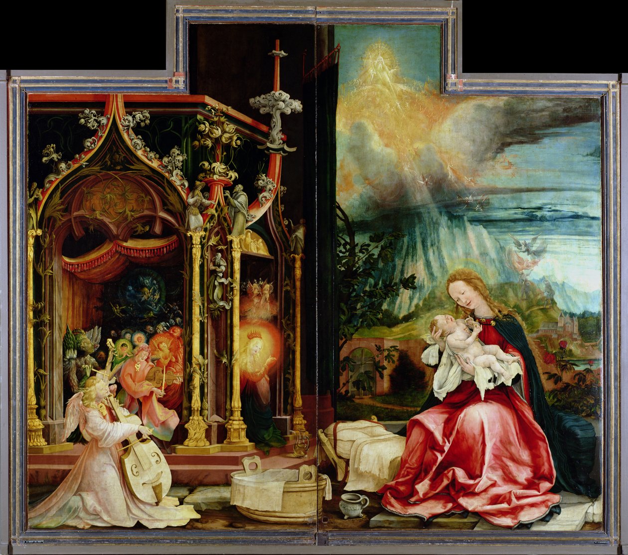 Fødsel og konsert av engler fra Isenheim-altertavlen, sentralpanel (olje på panel) av Matthias (c.1480 1528) Grunewald