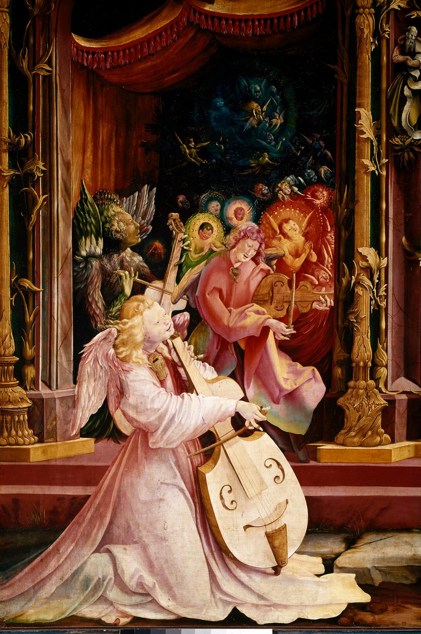 Altertavle av Issenheim (eller Isenheim): "" La Nativite"" Detalj av konserten til Angels-musikere. Engelen i midten spiller gamba-bratsj. Paneler av Mathis Neithardt Gothardt dit Matthias Grunewald (1480-1528) (ec.all.) 1512-1516 Dim. 265x304 cm Kol av Matthias (c.1480 1528) Grunewald