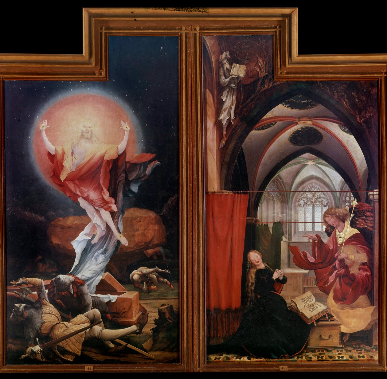 Altertavle av Issenheim (eller Isenheim): "" Oppstandelsen"" "" Bebudelsen"" Paneler av Mathis Neithardt Gothardt dit Matthias Grunewald (1480-1528) (ec.all.) 1512-1516 Colmar, Musee Unterlinden av Matthias (c.1480 1528) Grunewald