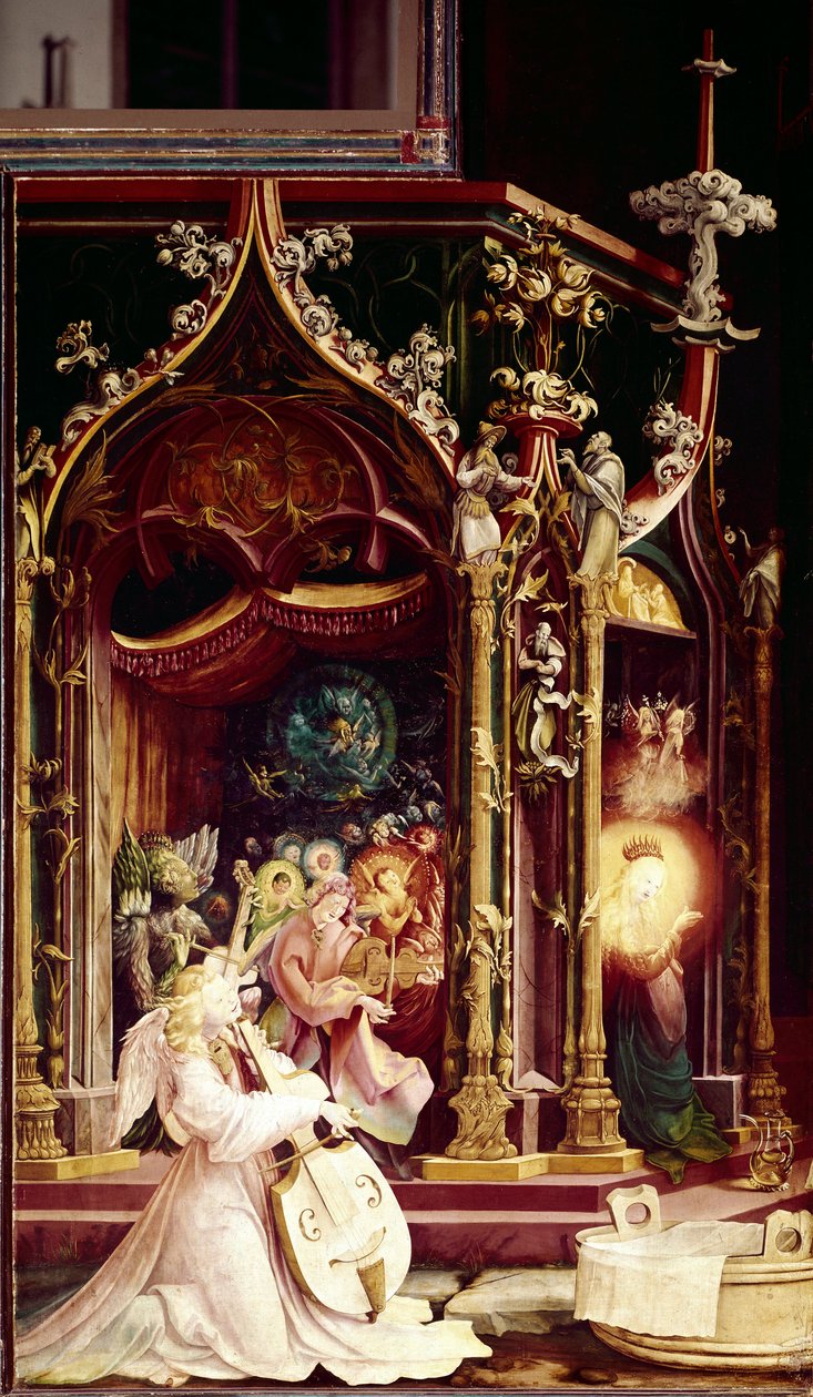 Concert of Angels-musiker, i Fødselskirken, detalj. Altertavle av Issenheim (olje på panel av Matthias (c.1480 1528) Grunewald