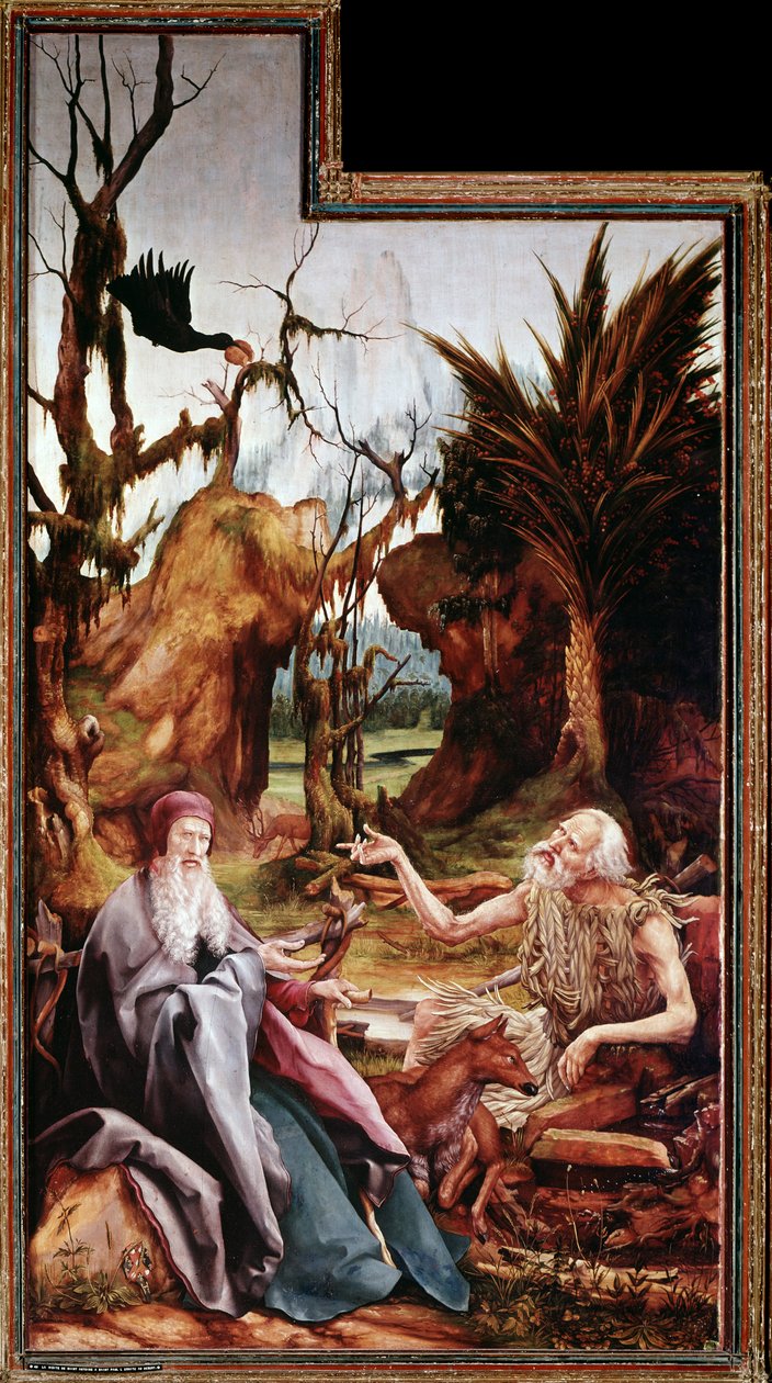 St Anthony den store og St Paul i ørkenen, altertavle av Issenheim (olje på panel av Matthias (c.1480 1528) Grunewald