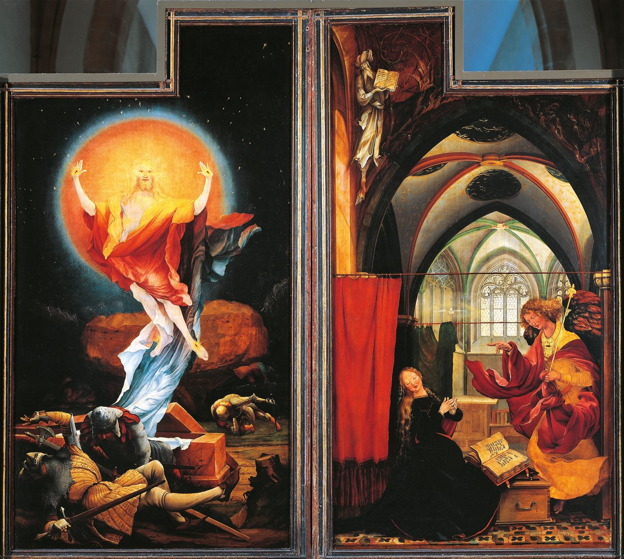 The Annunciation and Resurrection of Christ, detalj fra Isenheim-altertavlen, ca. 1512-16 (olje på panel) av Matthias (c.1480 1528) Grunewald