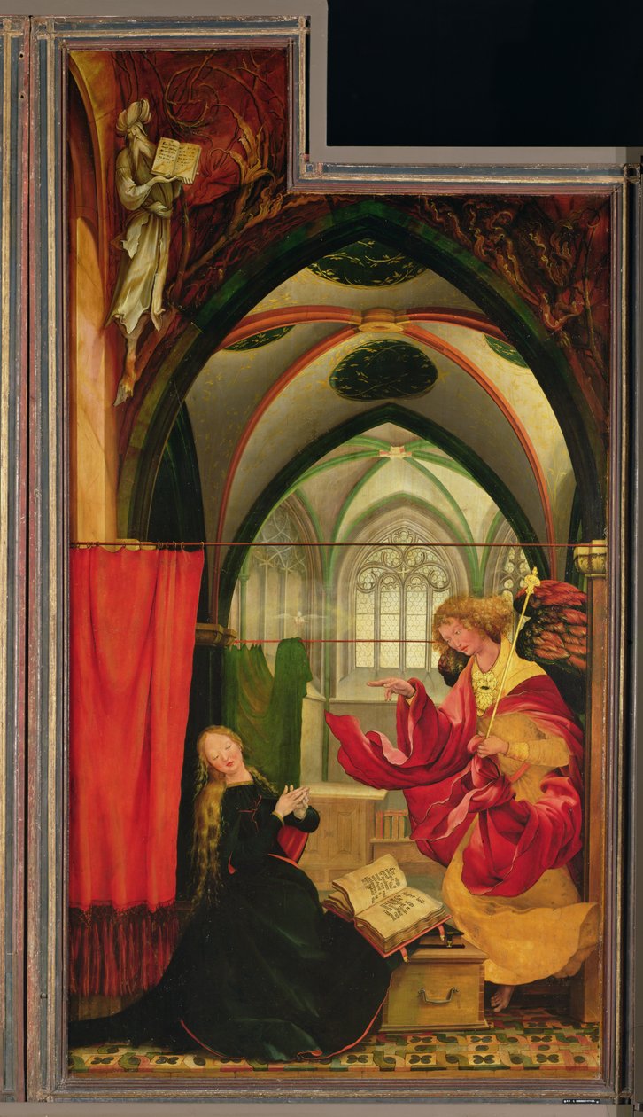 Bebudelsen fra Isenheim-altertavlen, venstre fløy, ca. 1512-16 (olje på panel) av Matthias (c.1480 1528) Grunewald