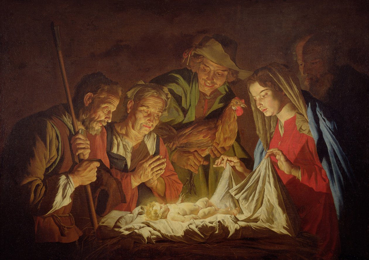 Tilbedelse av hyrdene (olje på lerret) av Matthias (c.1600 p.1650) Stomer