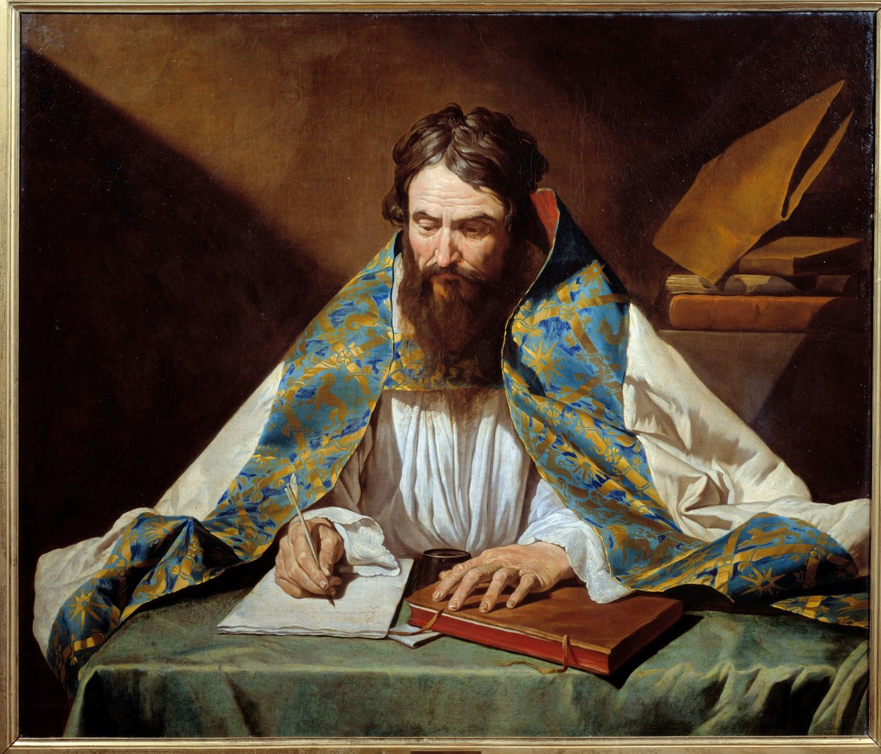 Portrait of Saint Ambrose (340-397), eveque of Milano - Maleri av Mathias Stomer (Matthias Stom) (1600-1650) Ec Flam, ca 1633-1639 - Olje på lerret - Sol: 1,10x1,30m - Rennes, Musee des Beaux Arts - Portrett av St. Ambrose (eller Ambroise, 340-397), biskop av Matthias (c.1600 p.1650) Stomer