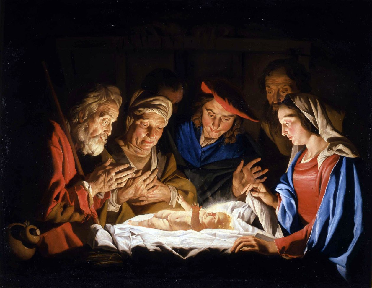 The Adoration of the Christ Child par Stomer (Stom), Matthias (ca.1600-etter 1650). Olje på lerret, størrelse: 127x163, ca 1640-1645, Palazzo Madama Torino av Matthias (c.1600 p.1650) Stomer