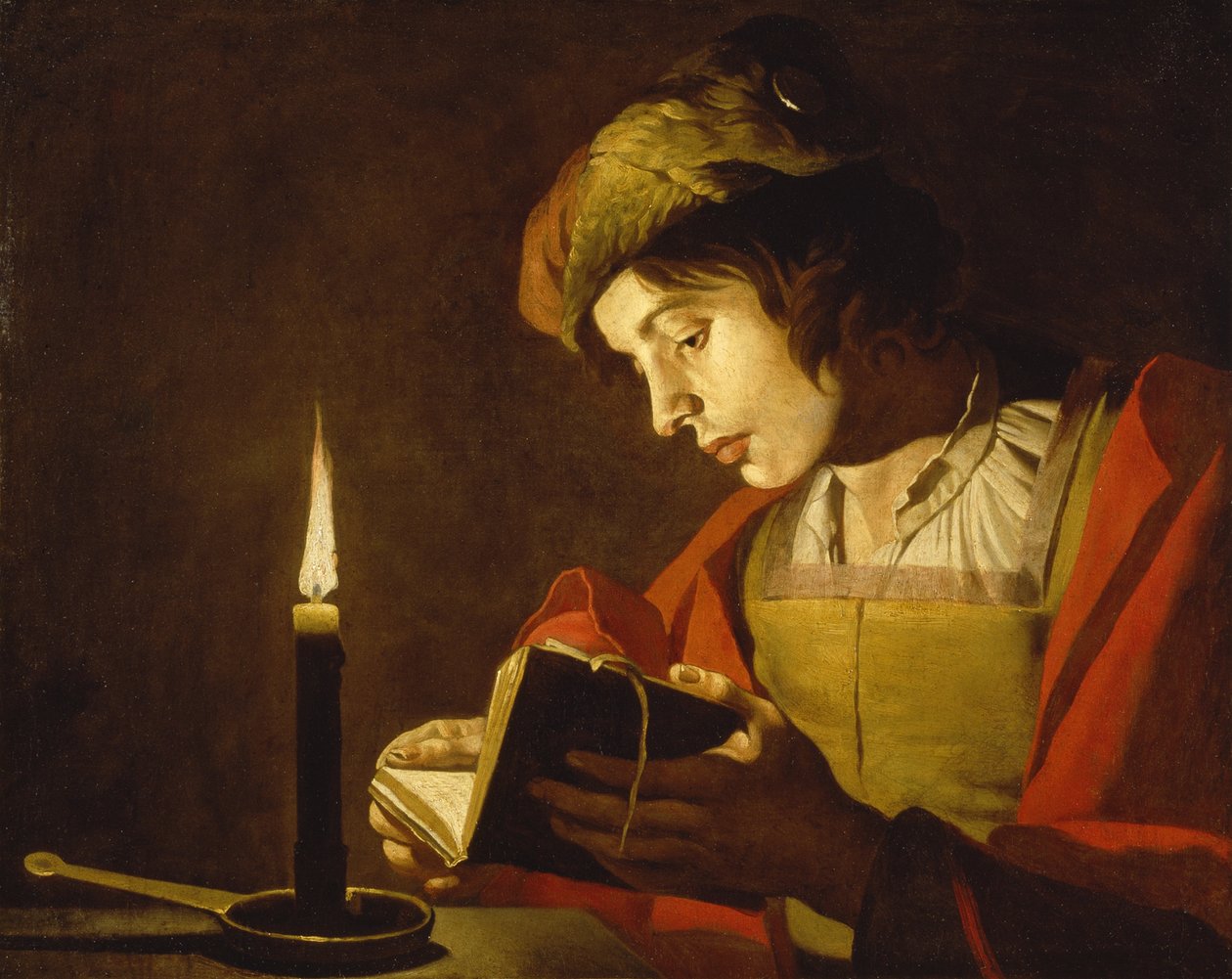 A Young Man Reading by Candlelight - A Young Man Reading by Candlelight, av Matthias Stom (Stomer) (ca.1600-etter 1650). Olje på lerret, ca.1630. Størrelse: 58,5x73,5cm. Nationalmuseum Stockholm av Matthias (c.1600 p.1650) Stomer