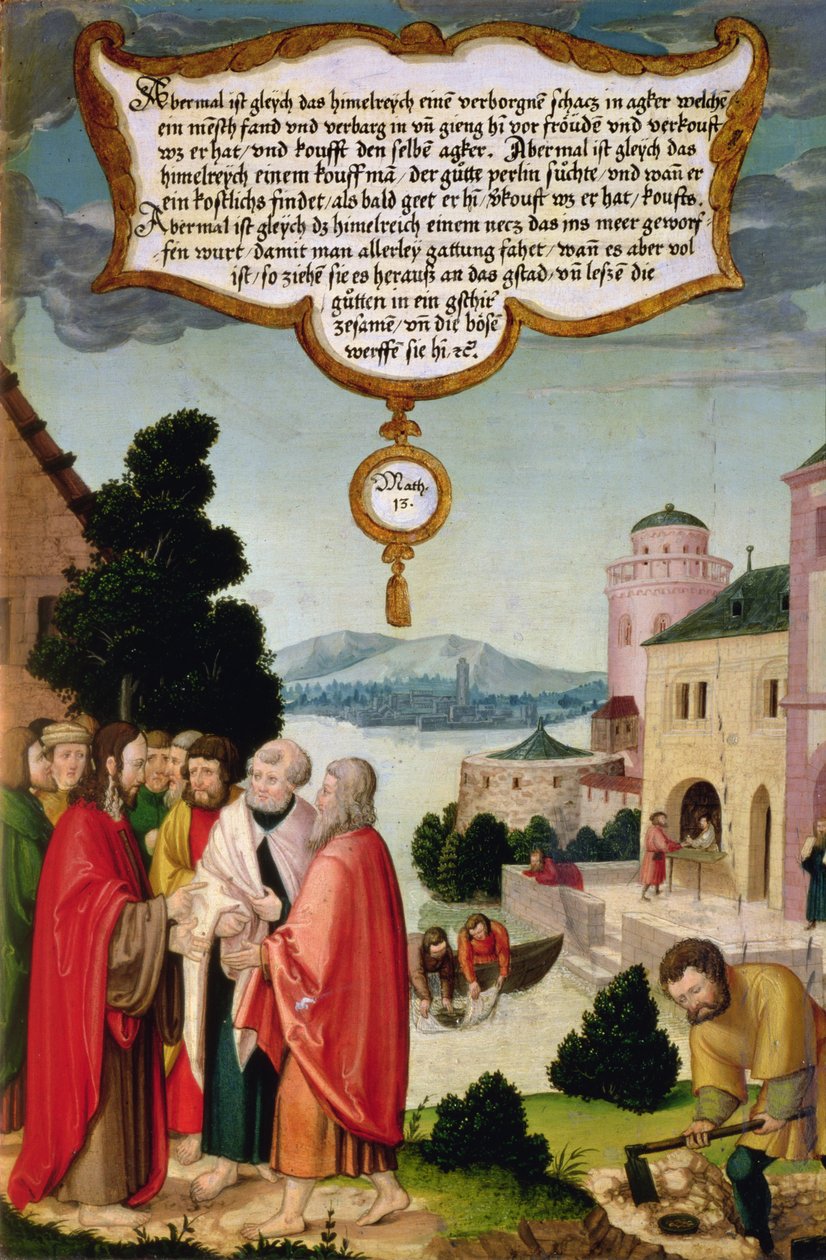 Himmelriket er som et nett, som ble kastet i havet og samlet fisk av alle slag (Matteus 13) illustrasjon av Kristi lære, del av vingepanelet fra Mompelgarter-altertavlen av Matthias Gerung or Gerou