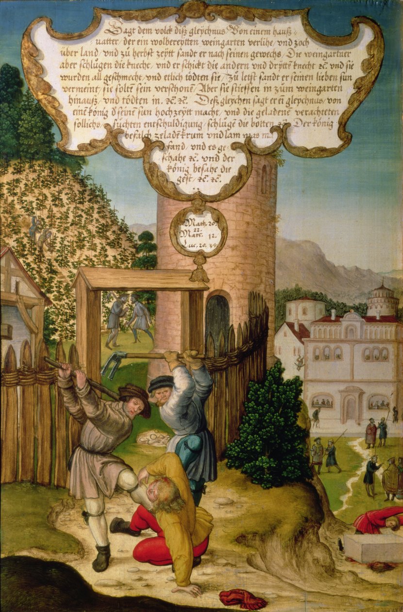 Vingårdsmennene dreper arvingen til vingårdseieren, og illustrerer Kristi lære 'Stenen som bygningsmennene forkastet er hjørnesteinen', del av vingepanelet fra Mompelgarter-altertavlen (panel) (se også 72465-79) av Matthias Gerung or Gerou
