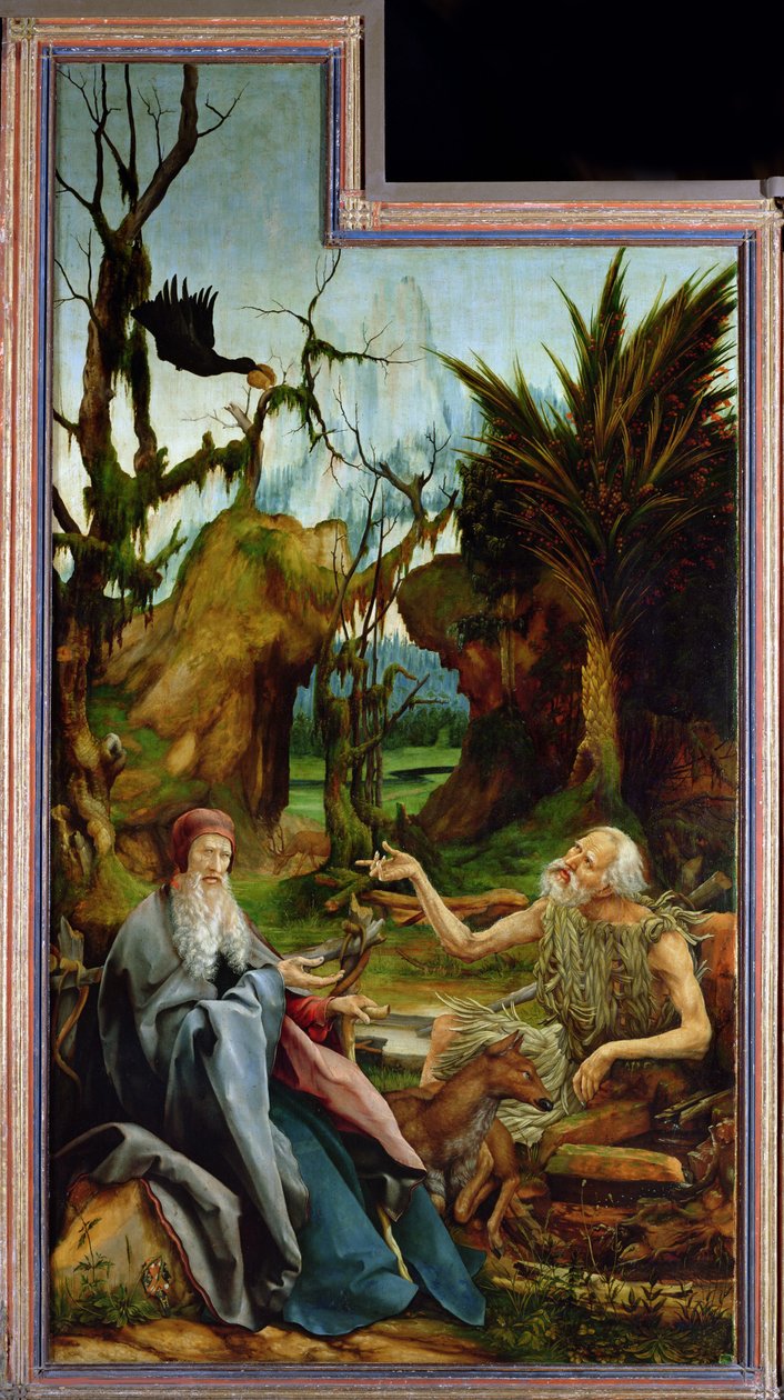 Isenheim-altertavlen. Venstre fløy: Møte mellom Saint Anthony og Saint Paul the Anchorite i Des av Matthias Grünewald