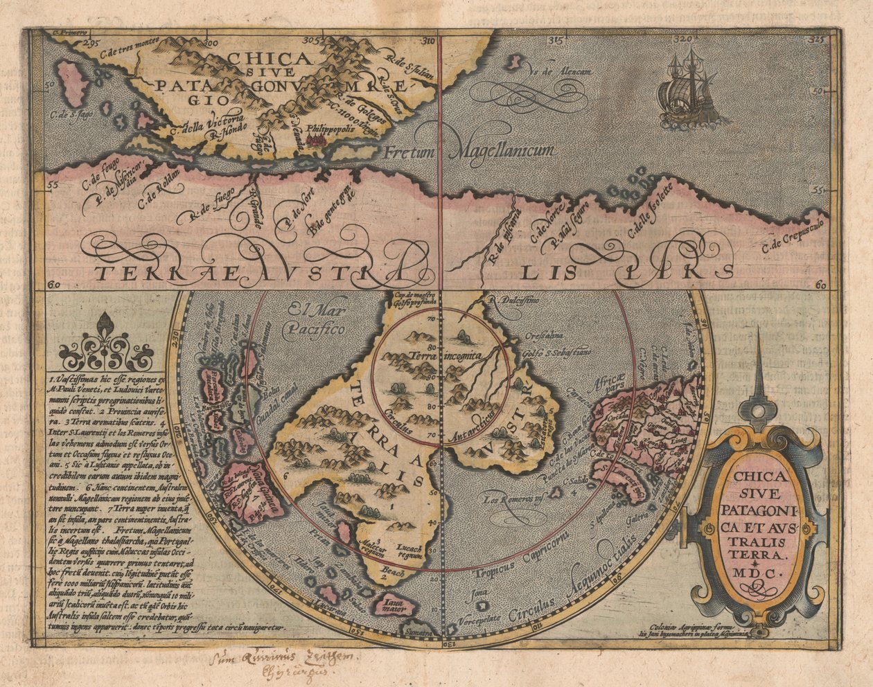 Chica sive Patagonica et Australis Terra Fra Geographical Handbook, 1600 av Matthias Quad