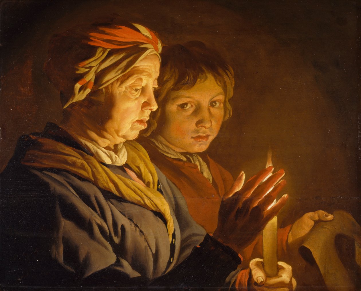 Gammel kvinne og en gutt ved levende lys, 1630-1650 av Matthias Stomer