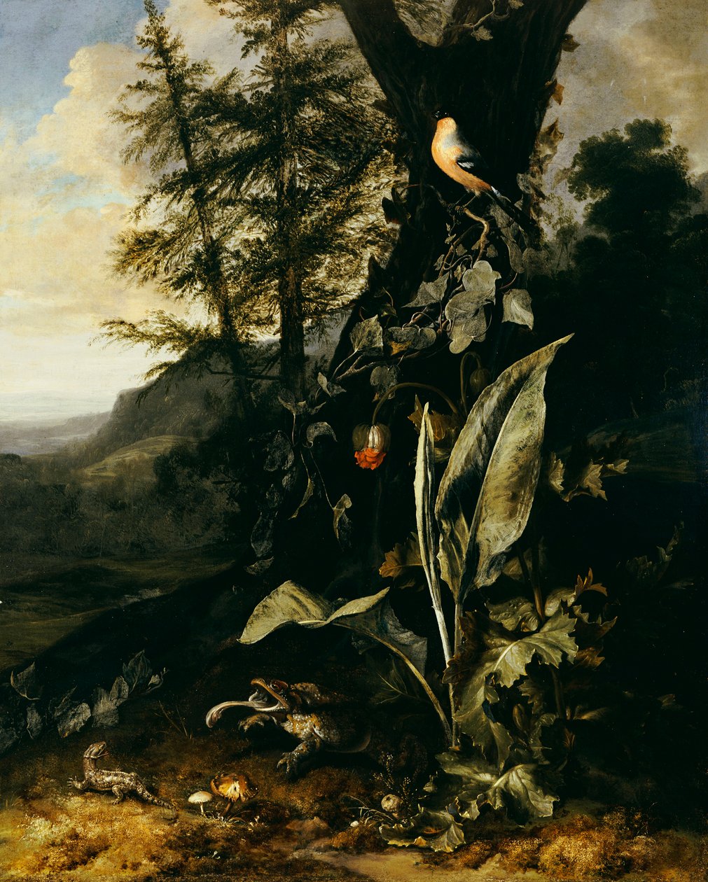 En skogbunn med en padde og en øgle, en oksefink på en gren av eføy over, og et fjell bortenfor av Matthias Withoos
