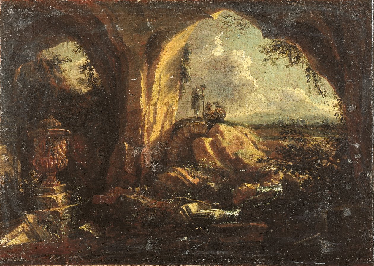 Interiør i en grotte med en antikk vase og ruiner, tre pilegrimer ved inngangen av Matthias Withoos
