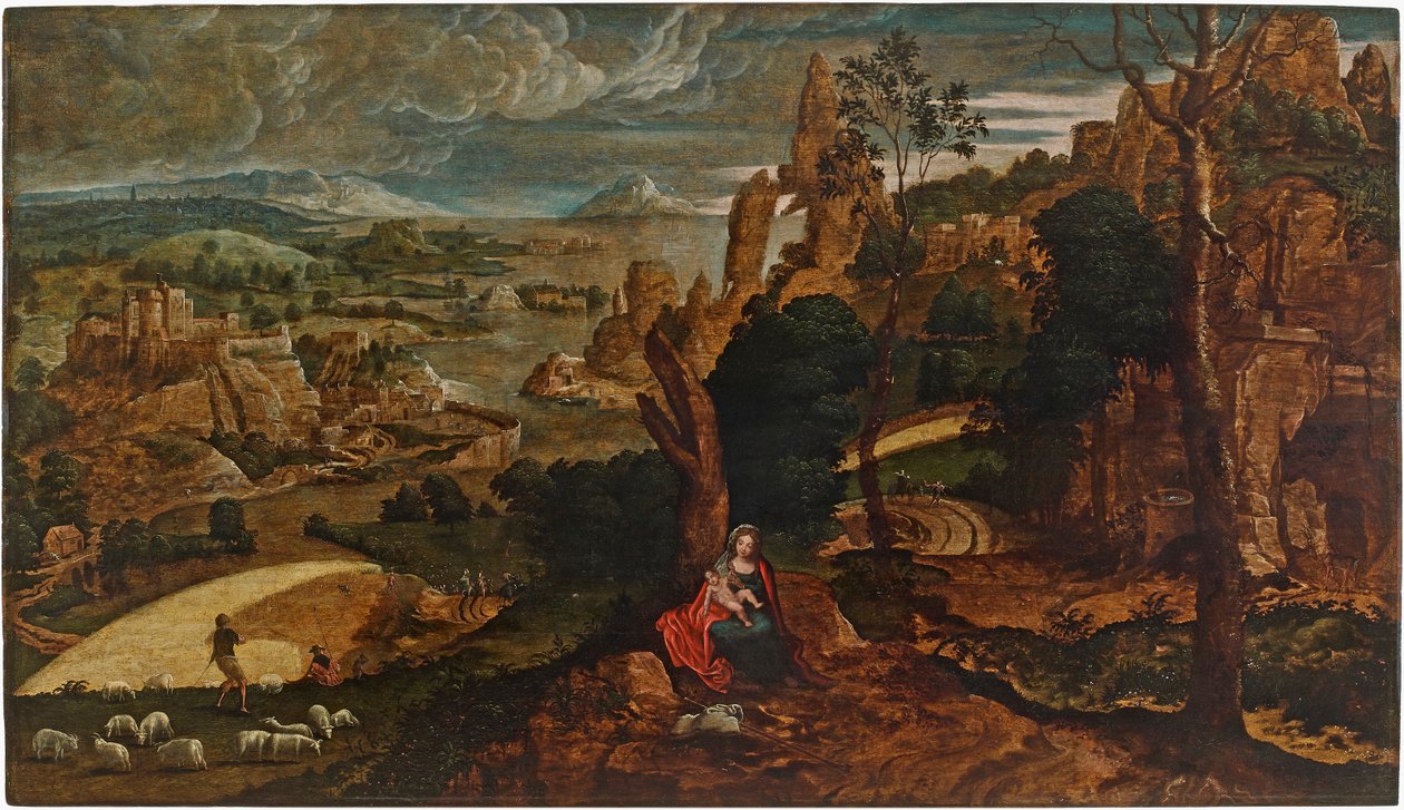 Landskap med resten på flukten til Egypt, 1540-1545. av Matthijs Cock